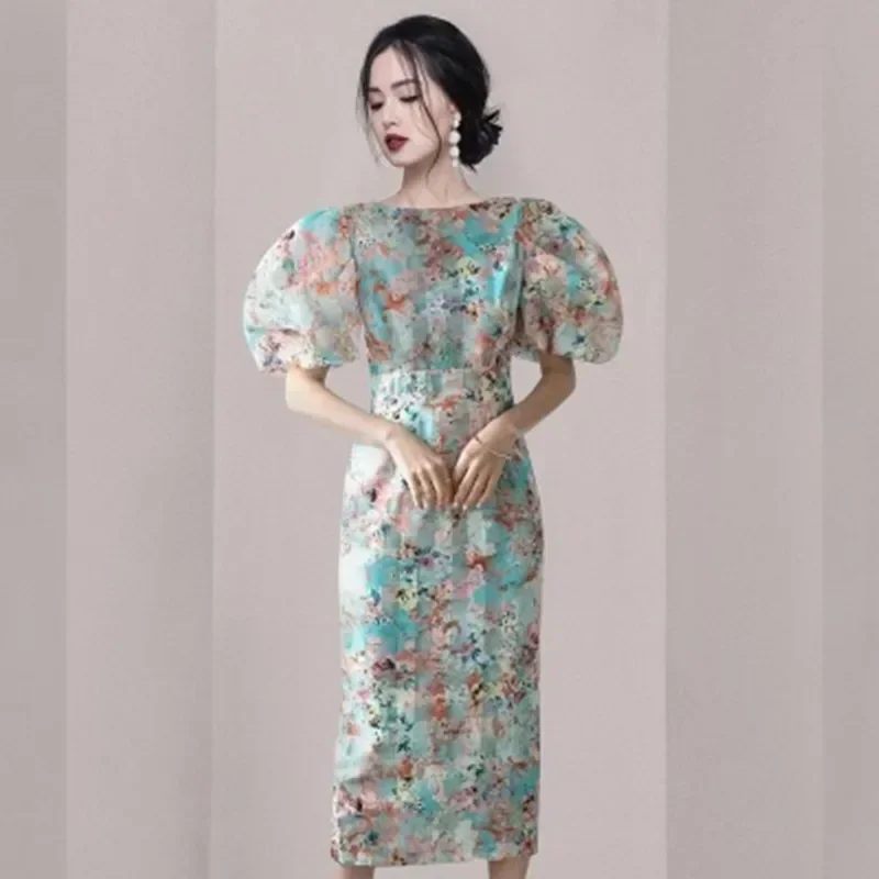 Women O-Neck Puff Sleeve Simple Sheath Pencil Bodycon Dresses 2025 Summer Korean Version Fashionable Watercolor Printing Dress