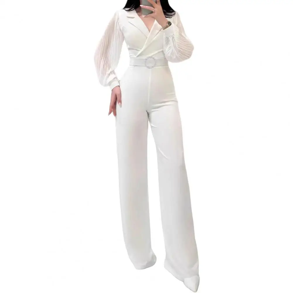 Business Jumpsuit Elegant Women's Formal Jumpsuit with Lantern Sleeves V Neck Wide Leg Chic Office Wear for Spring Fall