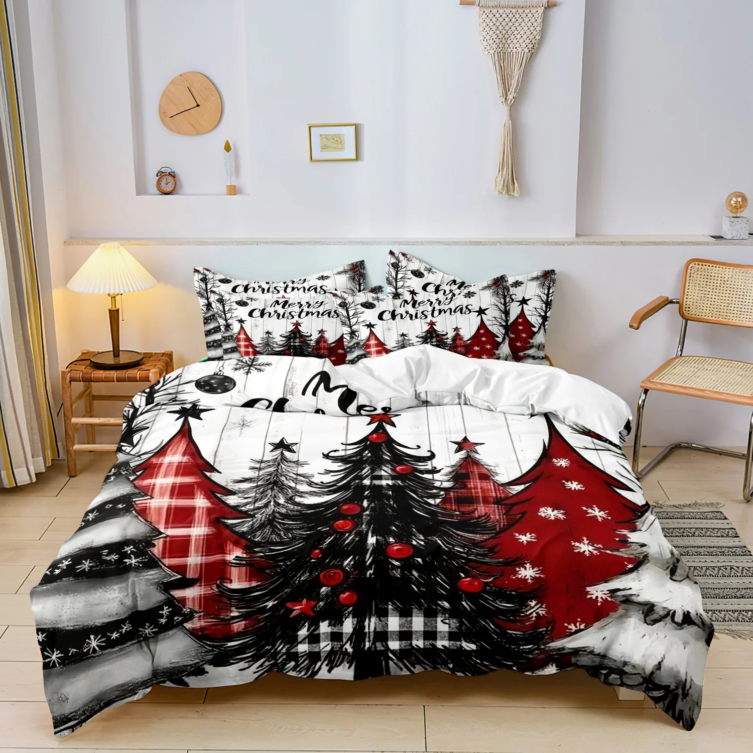 3Pcs Christmas Print Duvet Cover Set, Red Black Buffalo Plaid Christmas Tree Snowflake Merry Christmas Text Print Bedding