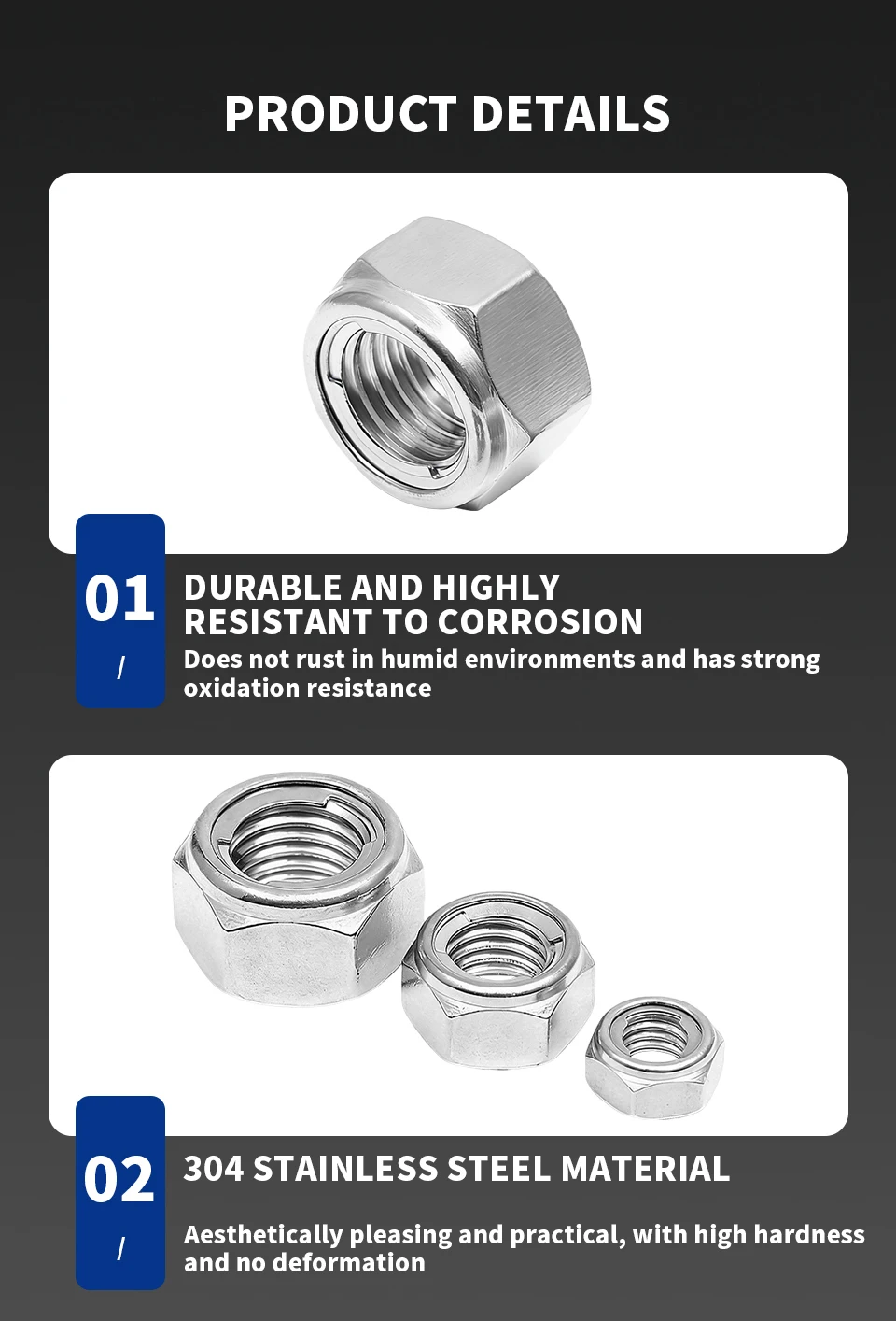 DIN980 Vollmetall-Sicherungsmuttern 304 Edelstahl Hochtemperaturbeständig Vibrationsdämpfend Hochfeste Selbstsichernde Muttern M4M5M6M8M10M12 – Detail 4