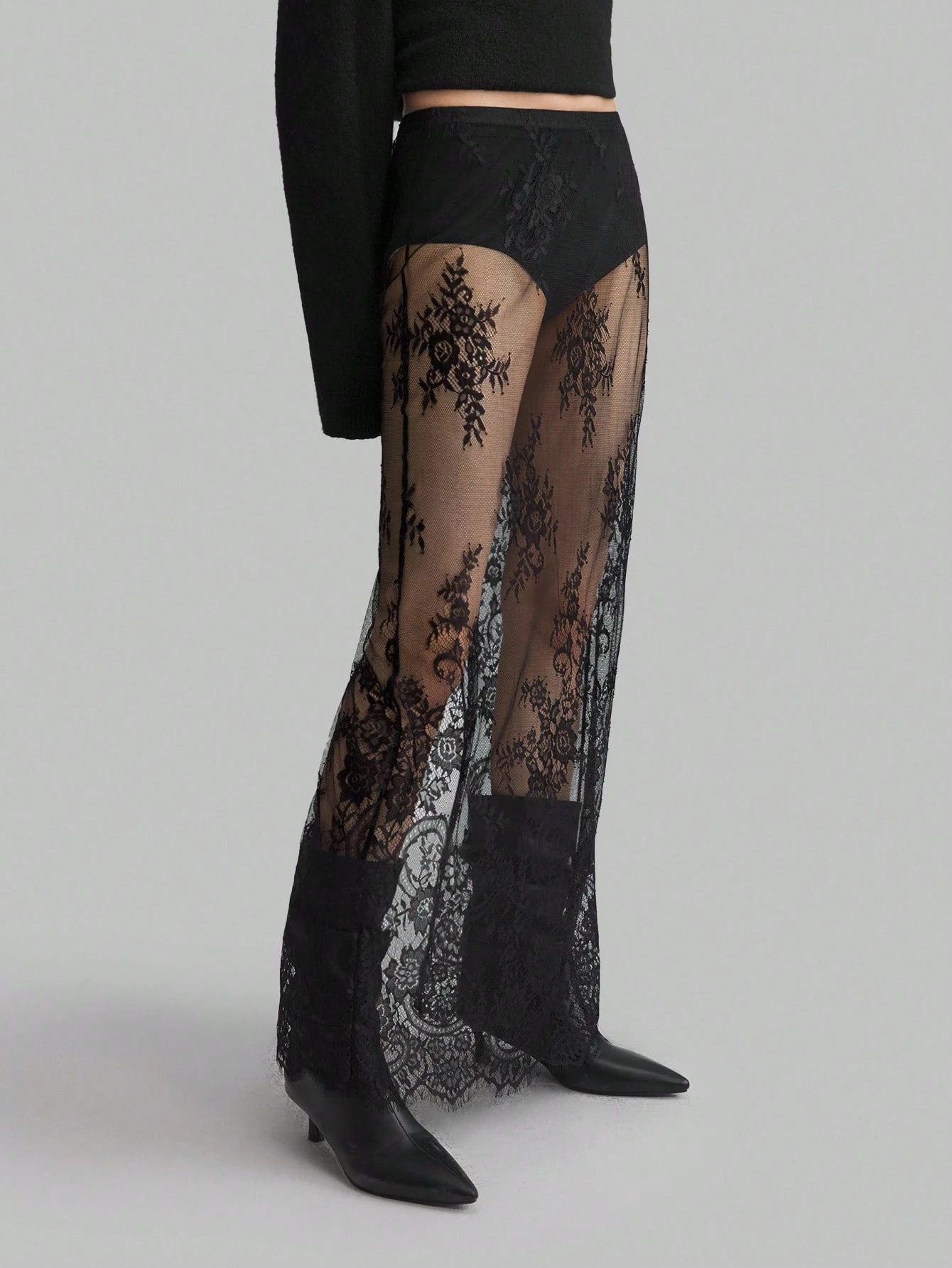 Ladies Black Sheer Lace Long Skirt Elastic High Waist Floral Pattern Wide Leg Transparent Layering Midi Skirt