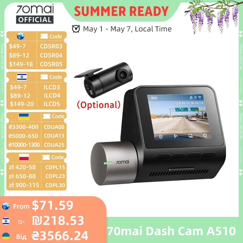 70mai Dash Cam A510 1944P HDR GPS ADAS 4G Connectivity 70mai 4G Front Cam A510 Car DVR 24H Parking Support Rear Cam