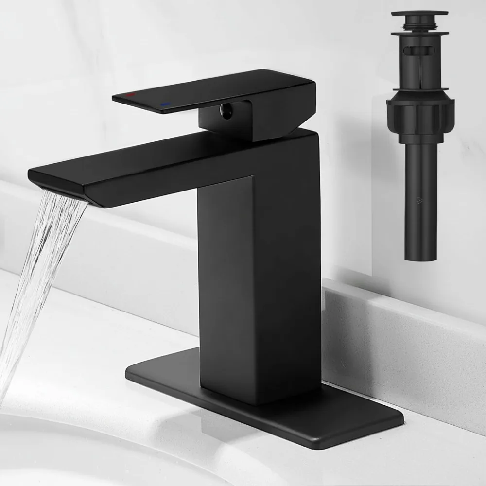 

Matte Black Bathroom Faucet Set with Pop Up Drain Single Handle Waterfall Spout Vanity Kit Stainless Steel