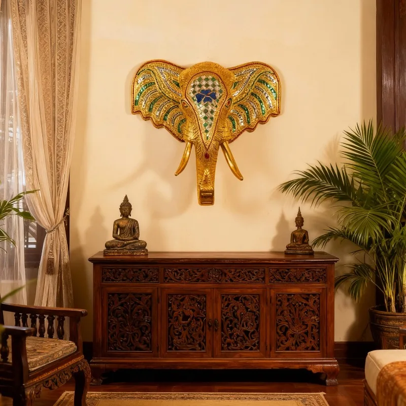 Style crafts elephant head solid wood carving creative entrance wall decoration restaurant club SPA wall pendant