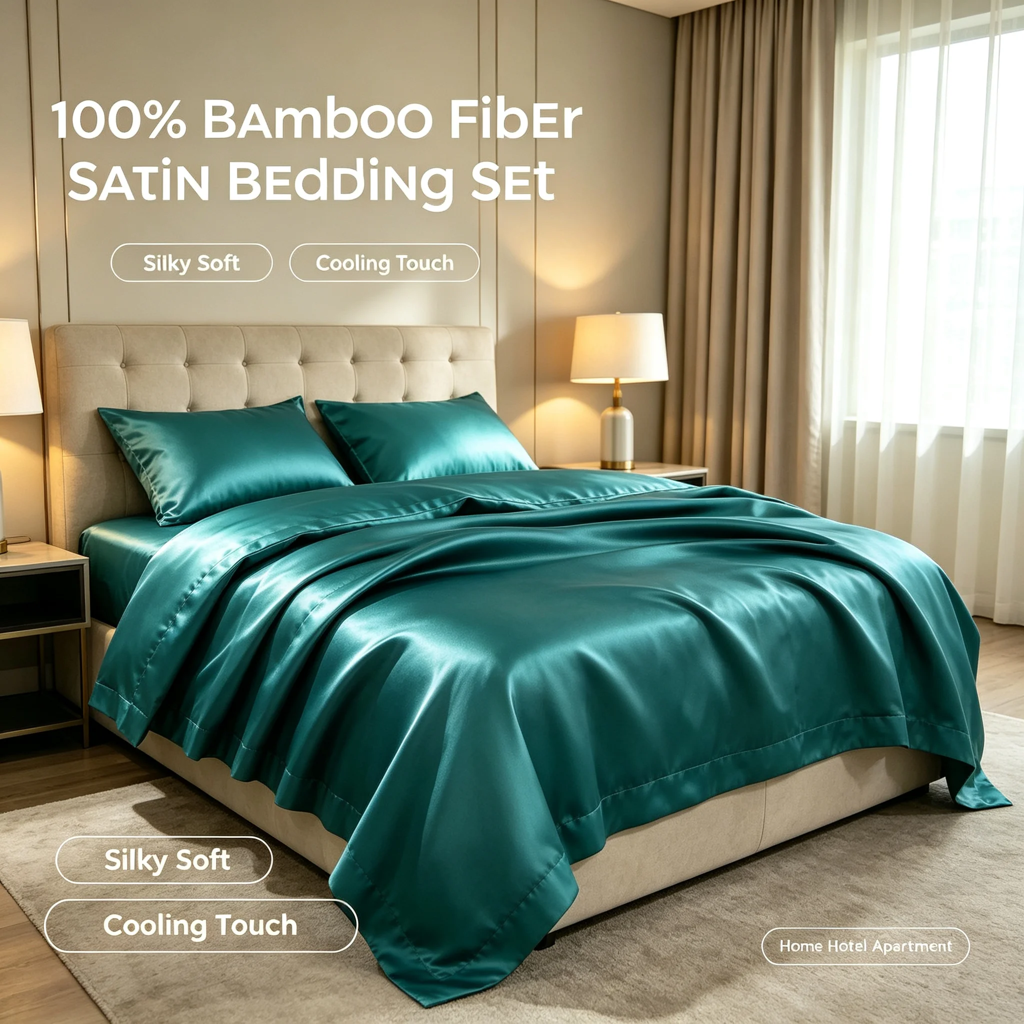 Luxury 100% Bamboo Fiber Satin Bedding Set 4 Pcs Silk Like Smooth Cooling Bed Sheet Set Duvet Cover Pillowcase Set Soft Breathable Bed Linen for Home Hotel Bedroom Full Queen King Size