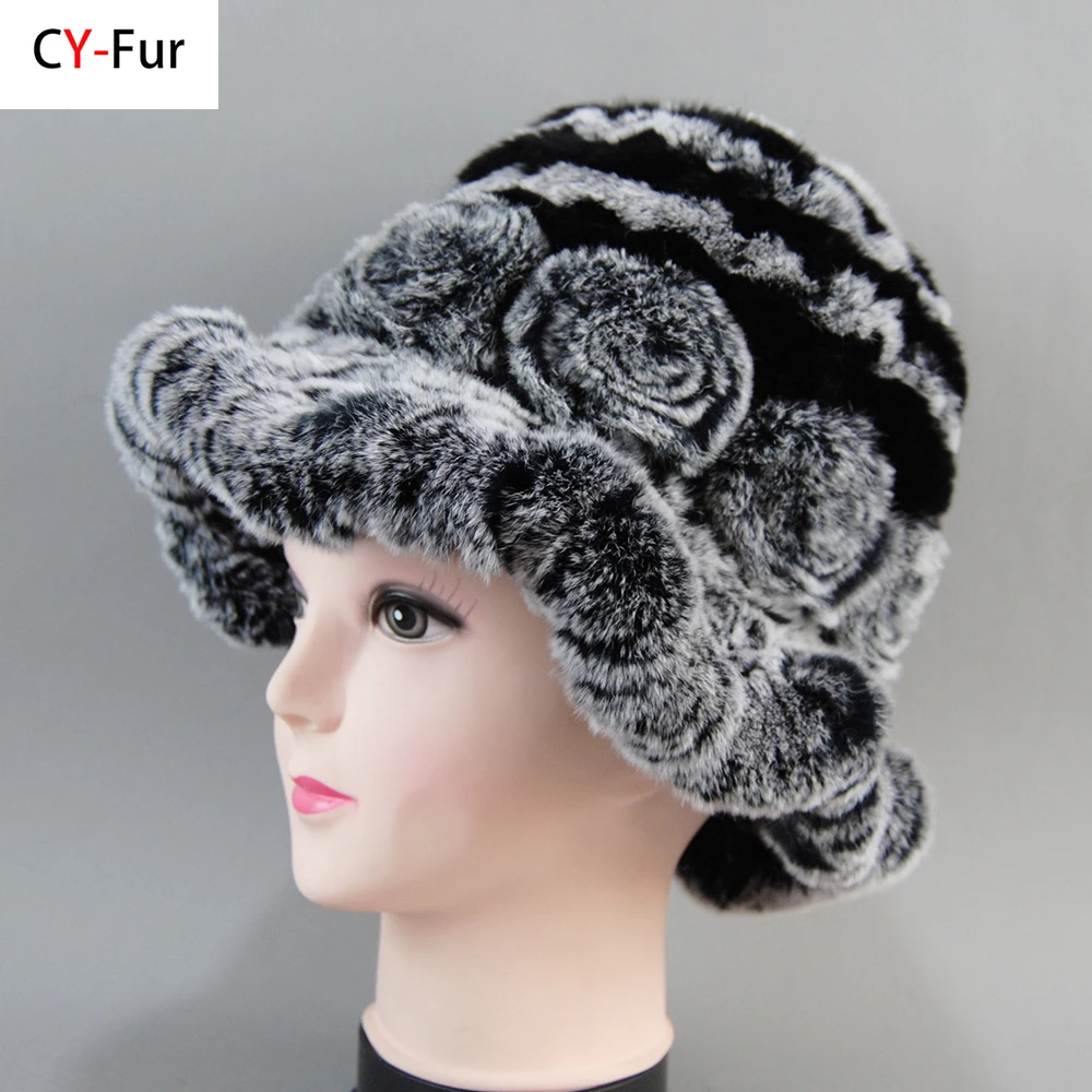 

Women Striped Floral Real Rex Rabbit Fur Hat Lady New Winter Warm Rex Rabbit Fur Hats Genuine Soft Knit Real Rex Rabbit Fur Caps