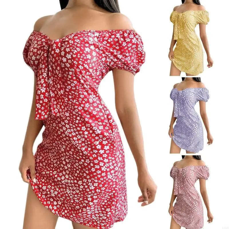 

L38E женское пышное сексуальное платье миди с короткими рукавами и завязкой спереди с цветочным принтом и открытыми плечами