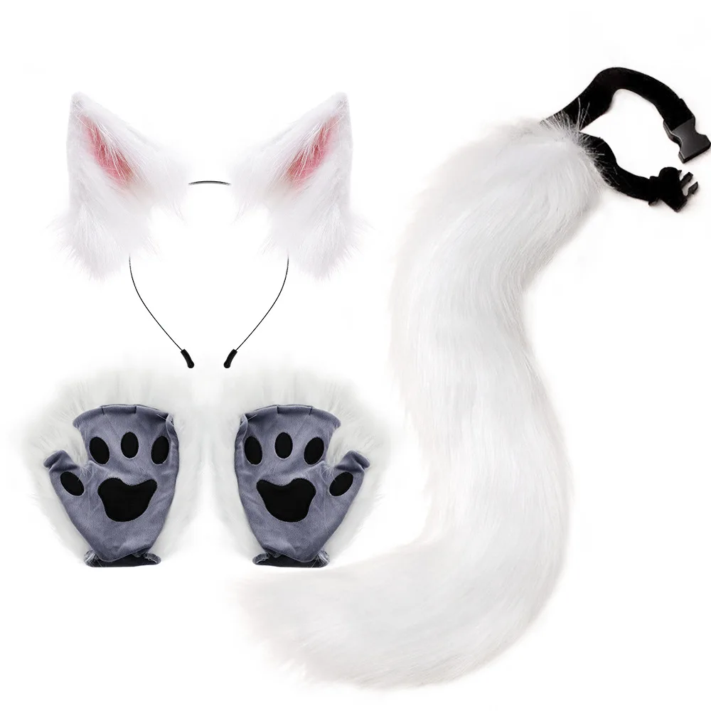 Masquerade Faux Fur Fox Cat Ear Hairband，Long Tail，Beast Claw Gloves Cosplay Accessories Set Animal Costume