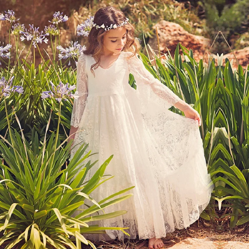 2-14 Years Princess Girls Lace Chiffon Long Dresses Wedding Dress Summer Boho Birthday Party Wedding Dress Kids Flower Girl