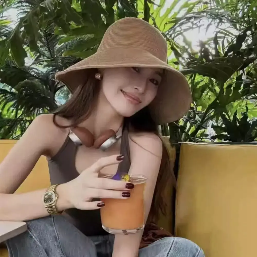 

Fashion Solid Color Wide Brim Straw Hat Breathable Korean Style Women's Sun Visor Hats Lightweight Soft UV Protection Cap Summer