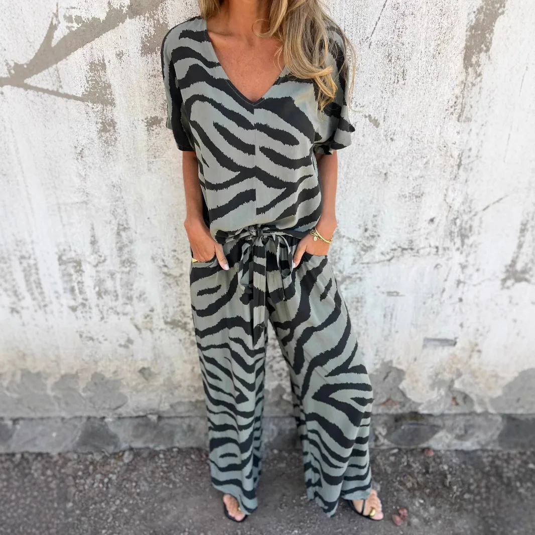 

Casual Zebra Print Two Piece Set Spring Fashion New V-neck Short Sleeved Lace Up Pullover Top Elastic Waist Wide Leg Pants Set