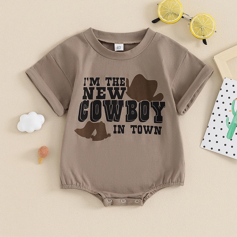 

2024-03-12 Lioraitiin 0-18M Summer Infant Baby Boys Western Rompers Casual Short Sleeve Hat Print Playsuit Clothes