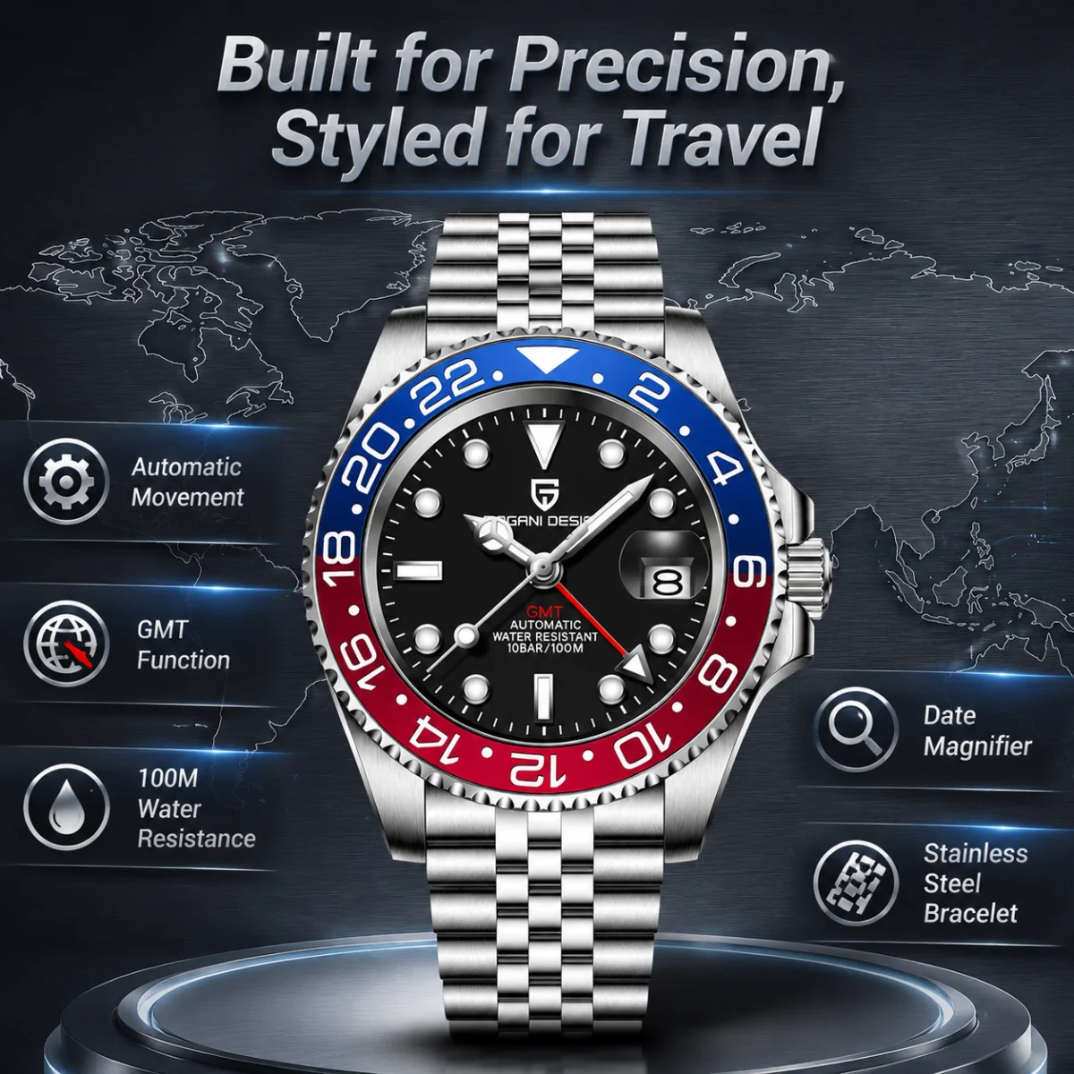PAGANI DESIGN 40mm Luxury GMT Men Mechanical Watch Top Sapphire Glass 361L Stainless Steel 100m Waterproof Men's Automatic Mechanical Watches image 8