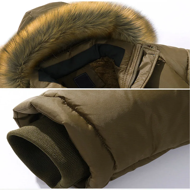 Parka gruesa y cálida de invierno para hombre, chaqueta de invierno con capucha de piel polar, abrigo militar de carga medio-largo para hombre ABZ109