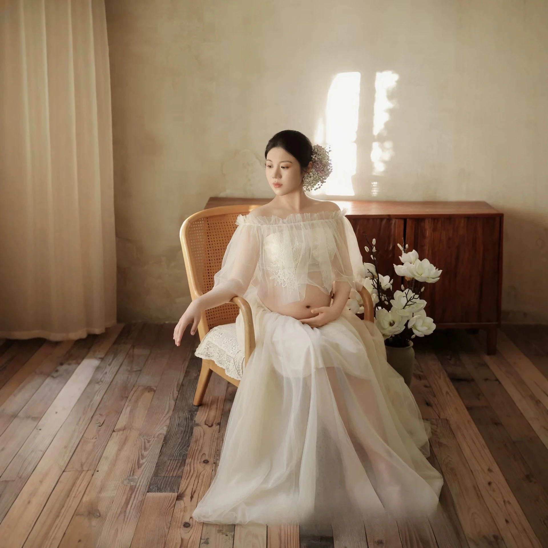 Women Maternity Clothing Dress for Photography White Elegant Top with Skirt 2pcs for Studio Photoshoot Pregnancy Clothes