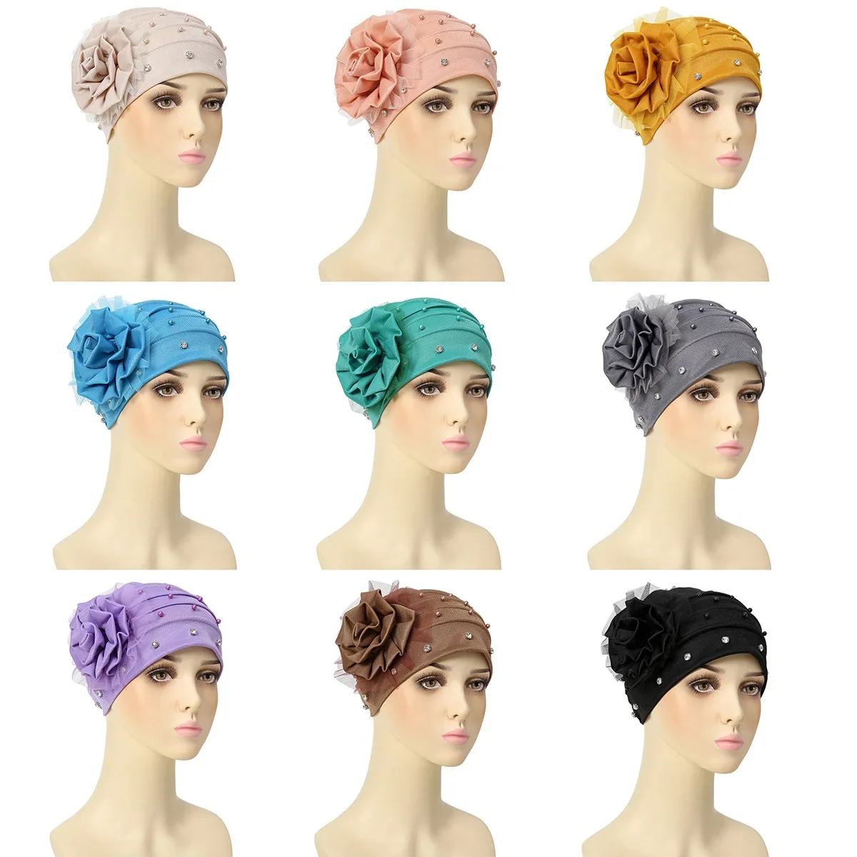 

2025 New Women Diamonds Flower Turban Cap Soild Color Muslim Headscarf Bonnet Inner Hijab Arab Head Wraps Indian Hat Accessories