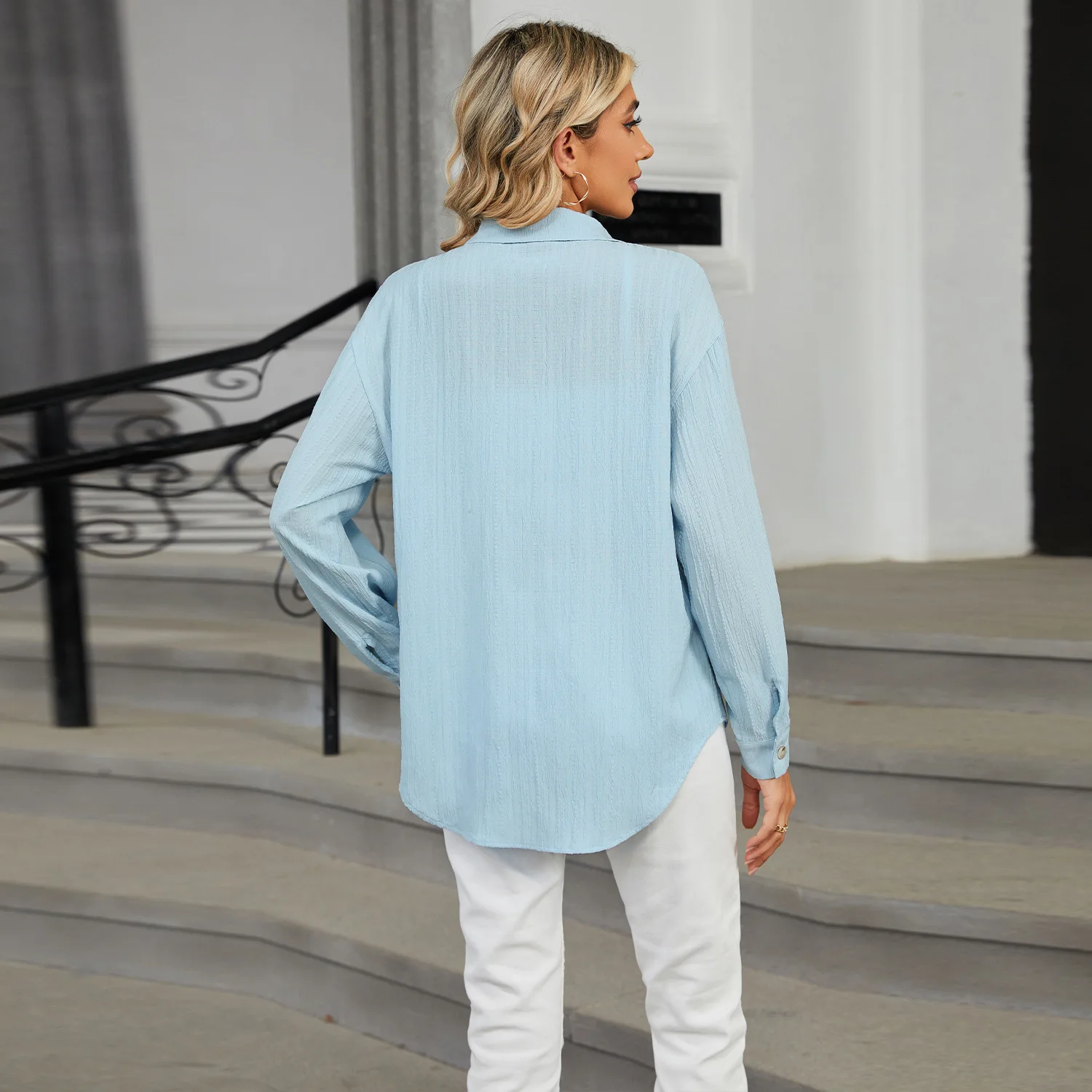 Camicia da lavoro casual da donna a maniche lunghe con risvolto e bottoni in maglia a costine Camicia da lavoro elegante da ufficio da donna Camicia da donna in tinta unita alla moda