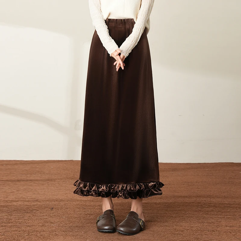 

High Waist Velvet f Skirt with Lace Slit for Women Autumn Winter New Sle Wide Long Dra Hip Covering Straight Cut Skirt