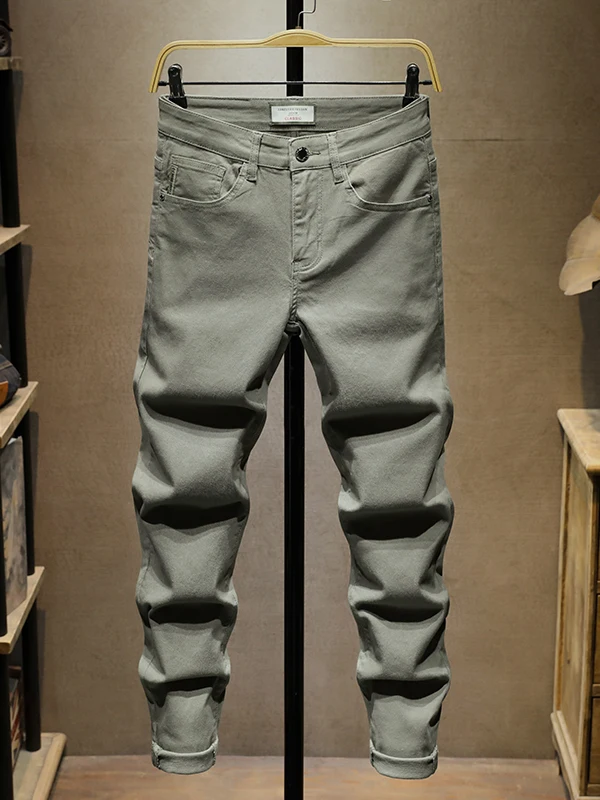 

Мужские джинсы Slim Fit из эластичного хлопка, серо-зеленые, весенне-летние, в современном стиле, с высокой талией, длинные брюки, универсальные, модные