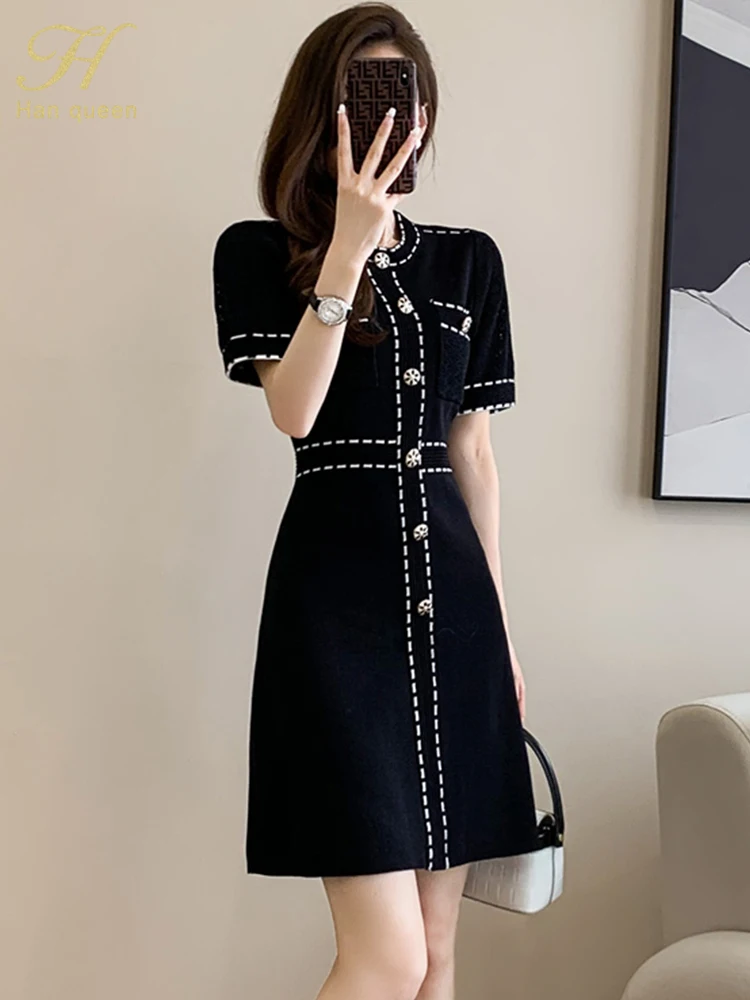 H Han Queen Fashion Summer Dresses 2024 Short Sleeve Color Blocking Vintage Vestidos Simple Knitted Casual Office Women\'s Dress