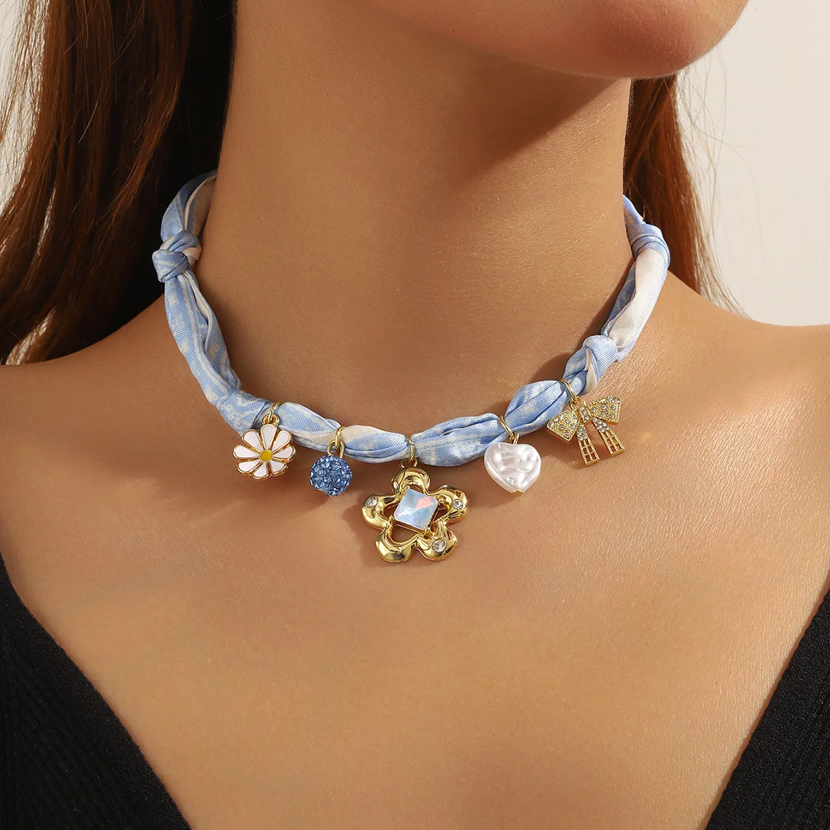 Multicolored Knot Scarf Short  - Crystal Choker Necklace review and price