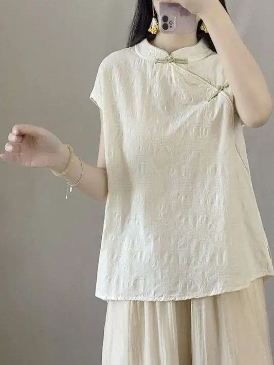 Women Summer Chinese Jacquard Linen Cotton Sleeveless Shirt Loose Frog Button Modern Hanfu Kung Fu Short Crop Tops  CN-303