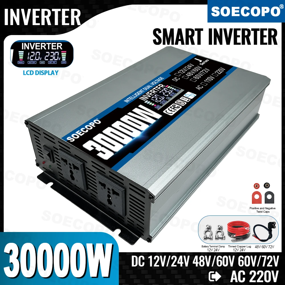 SOECOPO 30000W Power Inverter, 12V/24V 48V/60V 60V/72V to 220V Car Voltage Converter with 2 Sockets, Dual Input Car Accessories