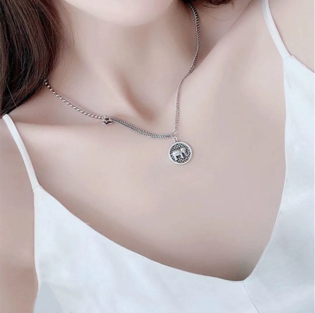 

Pure silver vintage elephant necklace for women, fashionable Instagram layering, double-layer collarbone chain accessory