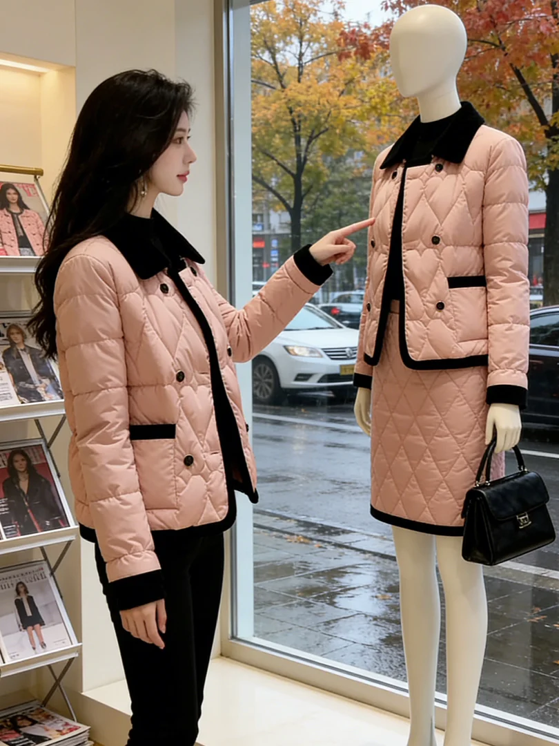 

Sli Thiened Pink Cotton Jaet ort Quilted Warm Winter Outerwear Korean Sle Commute Straight Cut Long Sve Coat