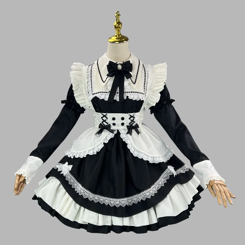 Women Vintage Maid Lolita Dress Long Puff Sleeve Lace Trim Ruffled Tiered Skirt Apron Outfit Bow Decor Party Costume