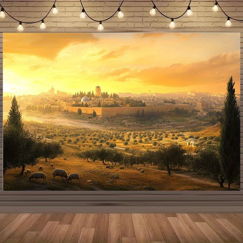 1 Stück Retro-Jerusalem-Landschafts-Polyester-Hintergrundstoff, mit historischen Stadtlandschaften, geeignet für den religiösen Gebrauch