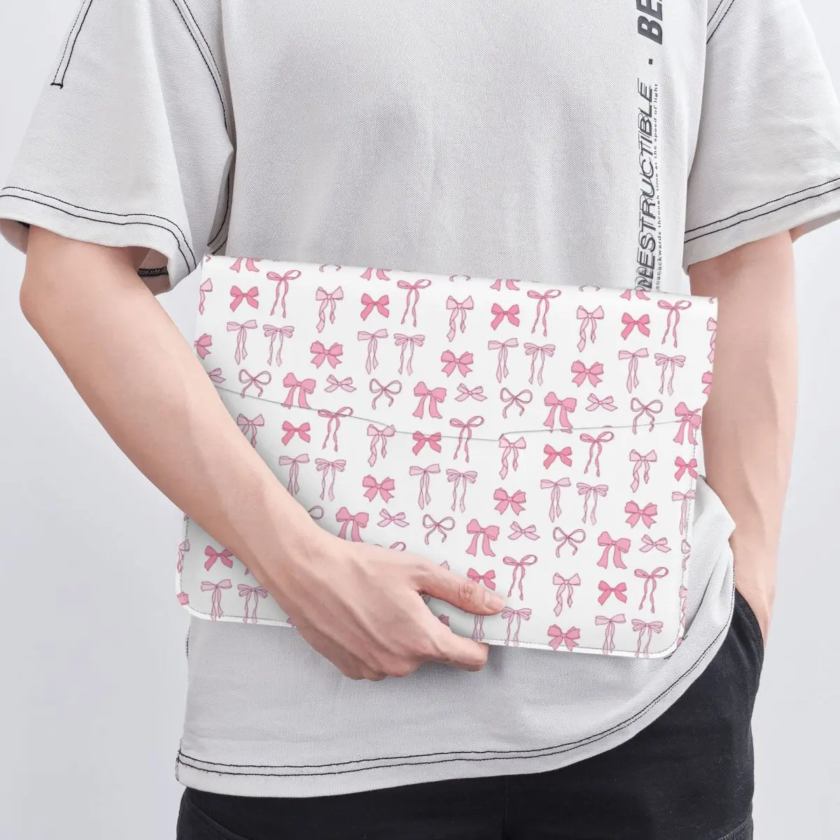 Various Pink Colorful Bow Tie Pattern PU Leather Horizontal Laptop Sleeve Shockproof Soft Lining Notebook Case 13 Inch