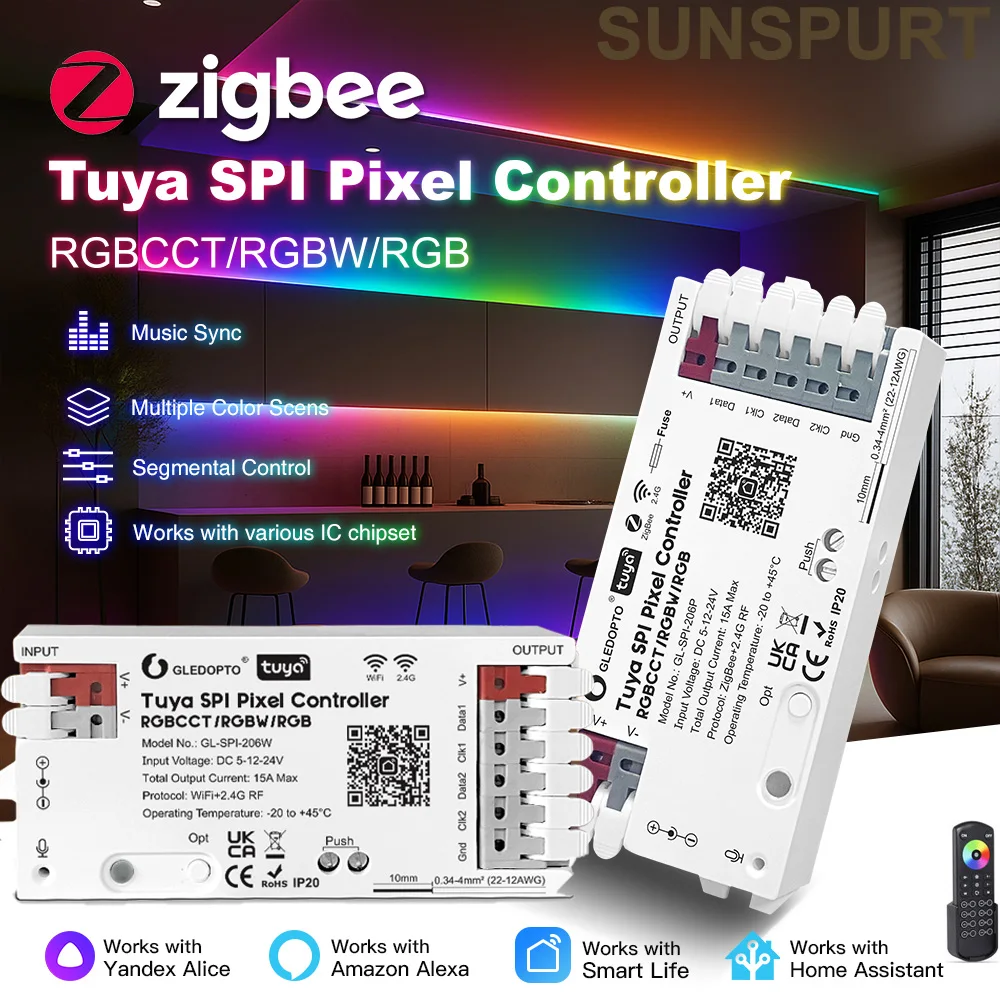 

GLEDOPTO 3IN1 2.4G WiFi+Blu / ZigBee Tuya SPI Pixel Controller Dynamic Light Music Sync Smart Life for WS2811 WS2812B LED Strips
