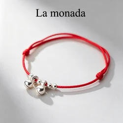 La Monada 925 Sterling Silver Double Bell Red String Bracelet Adjustable Lucky Red Rope Bracelet for Women