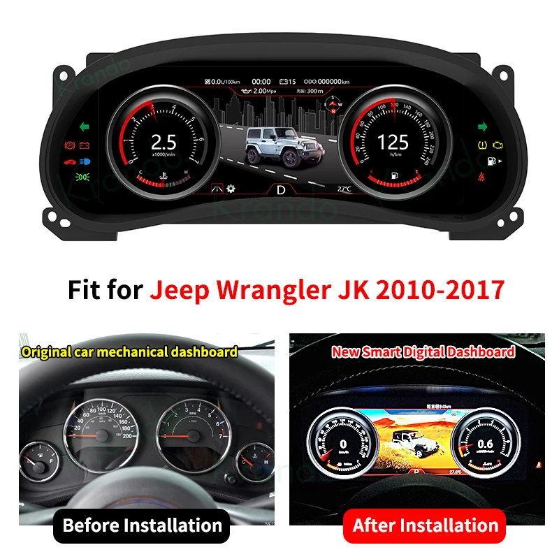 Krando 12.3 Inch Android Digital Cluster For Jeep Wrangler JK 2010-2017 LCD Dashboard Panel Virtual Instrument CockPit