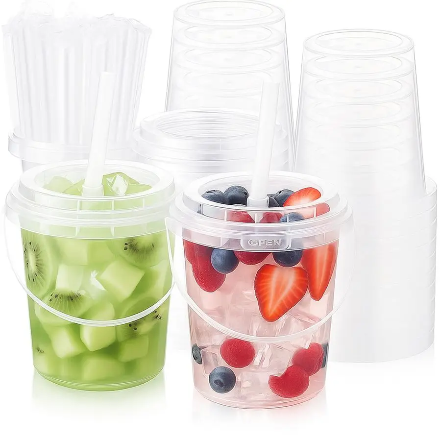 

Sets Clear Plastic Drink Buckets 24 oz PP Pails with Lids Straws and Handles Disposable Cups for Ice Cream Outdoor Holiday Trave