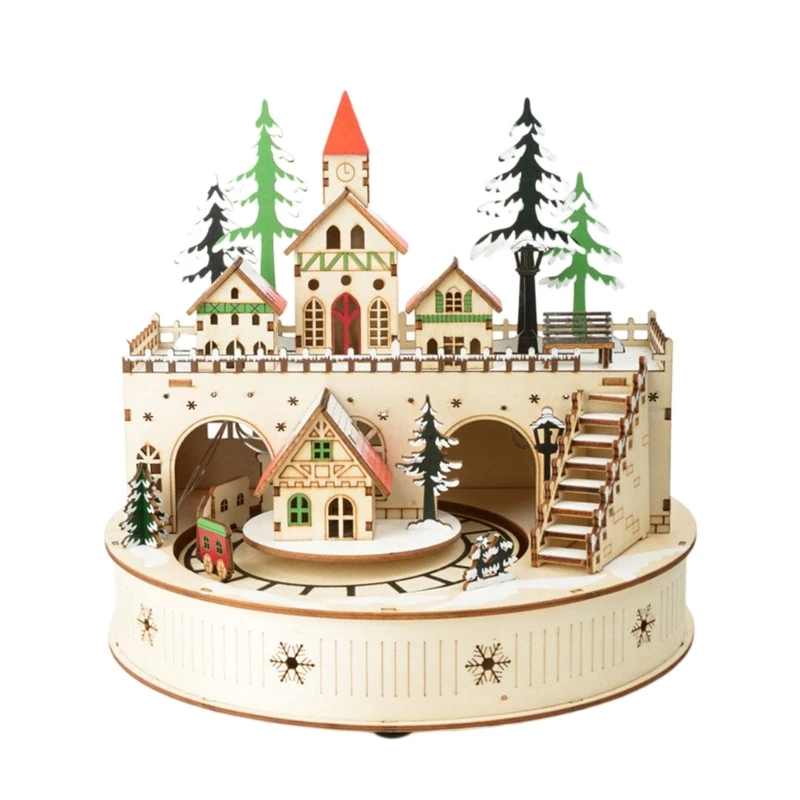 Led Musical Village House With Motion Wooden Christmas Village Music Box with Warm LED House Scene, 3D Seasonal Indoor Y5GB