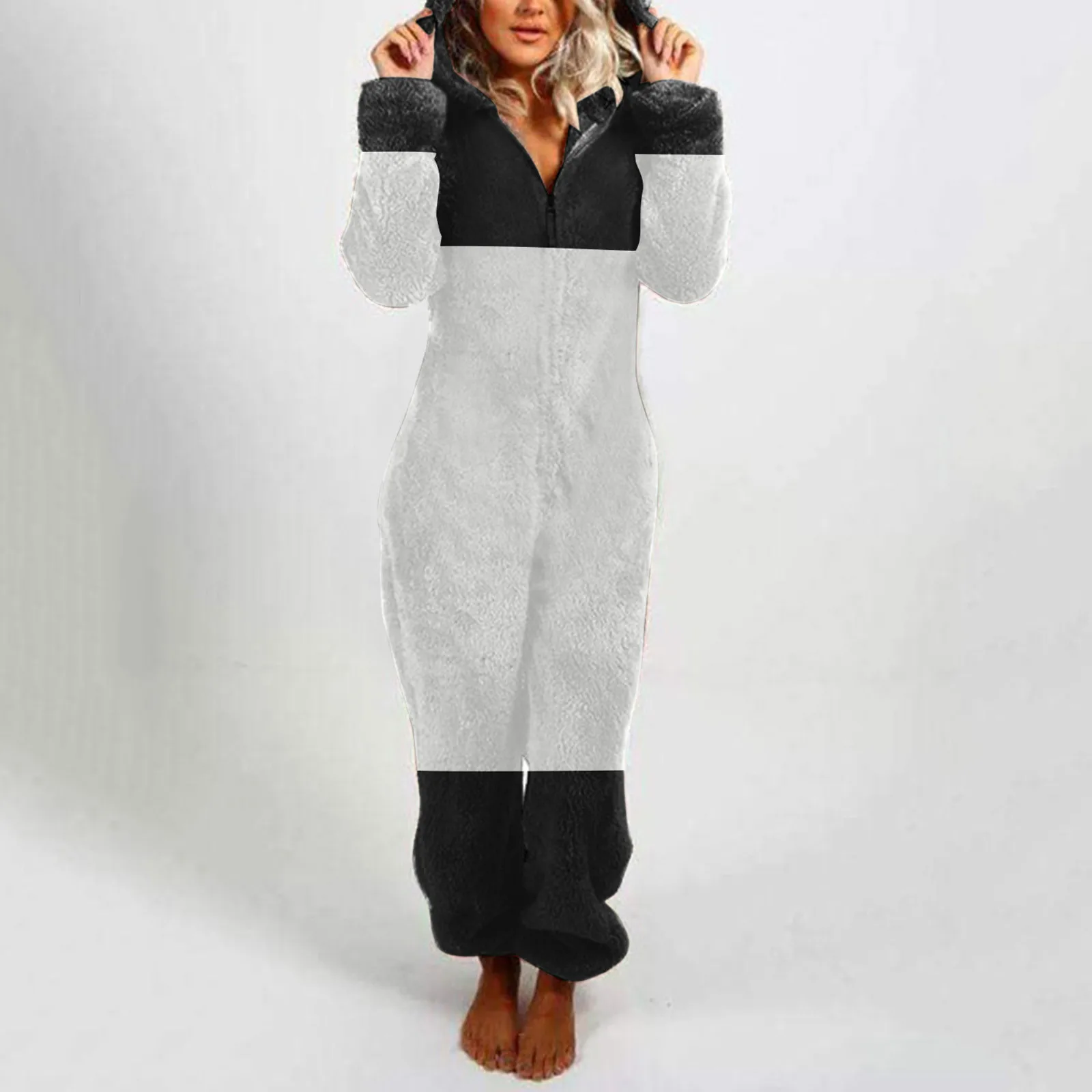 Plus Patchwork Zipper Onesies for Women Fluffy Fleece Hooded Pajamas for Women Winter Warm Plush Sleepwear Loungwear Jumpsuits