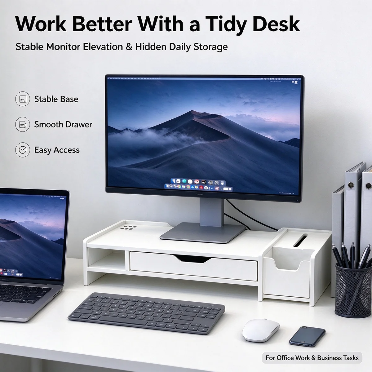 Desktop Monitor Stand Riser with Pull-out Drawer & Side Storage Box, Ergonomic Computer Screen Elevator, Desk Organizer for Work