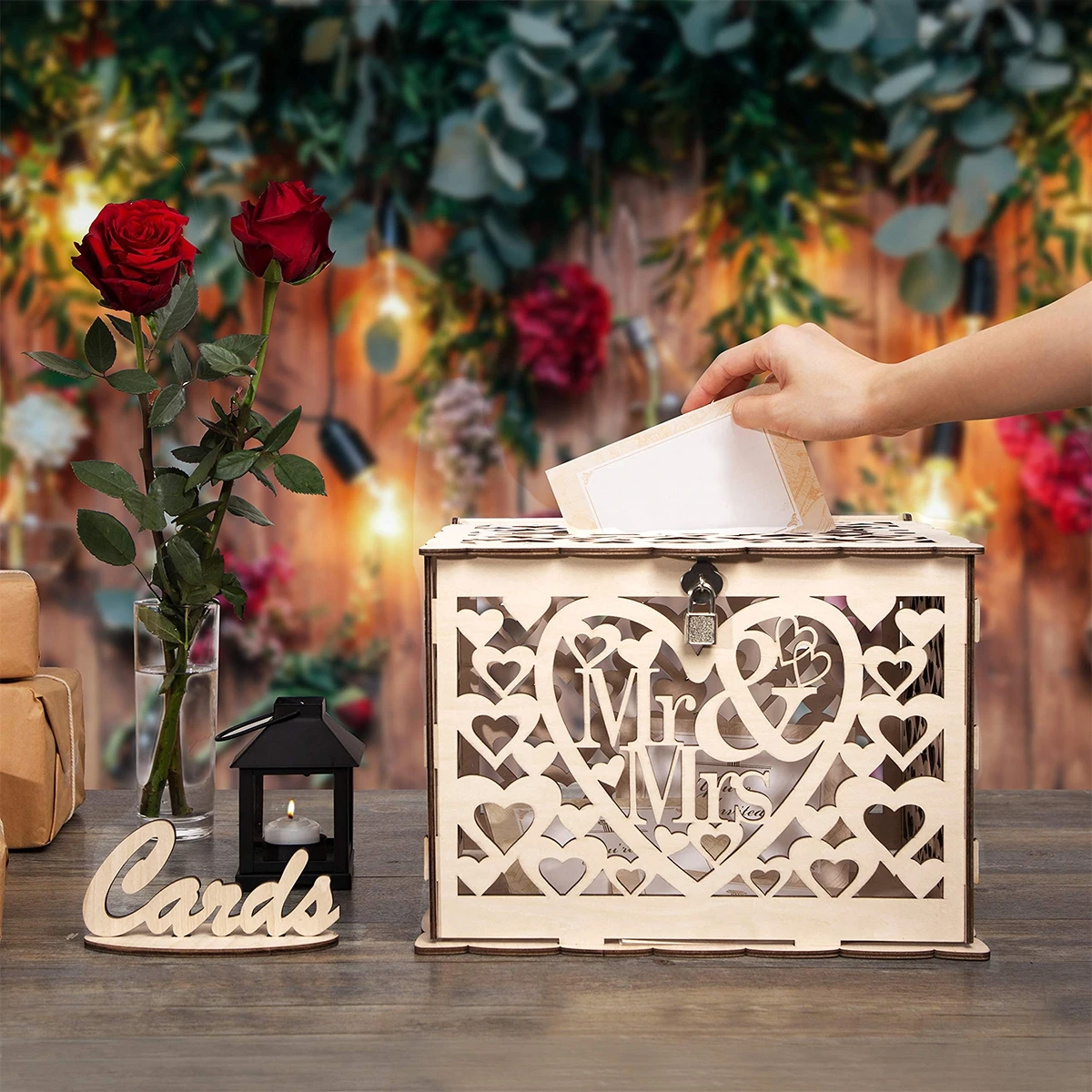 Wedding Card Boxes Wooden Box Wedding Decor Couple Mr&Mrs Pattern Grid Business Card Boxes DIY Wedding Birthday Party Supplies