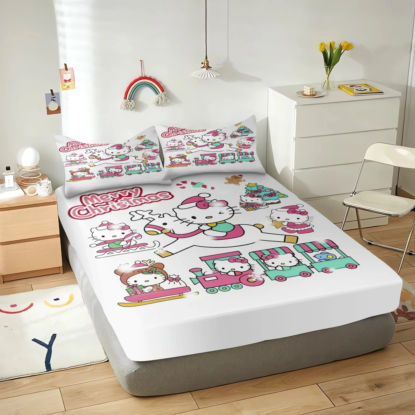 

Hello Kitty Fitted Sheet Sanrio Polyester Cartoon Children Elastic Sheets Soft Cover Cute Digital Printing Design Bedroom Beding