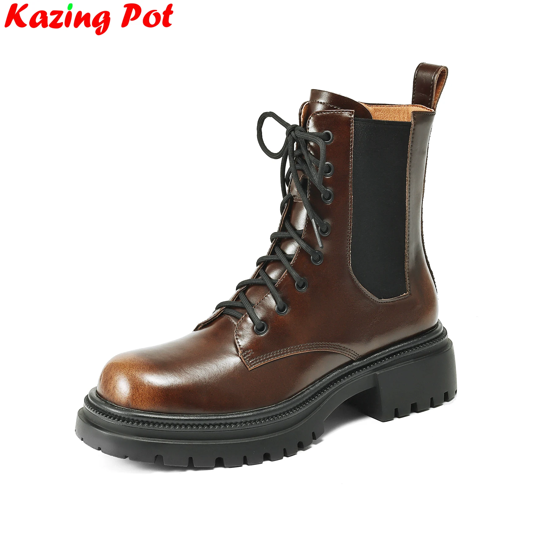 Krazing Pot Retro Cow Leather Chunky High Heels Modern Motorcycle Boots Brand Casual Luxury Comfort Platform Winter Ankle Boots