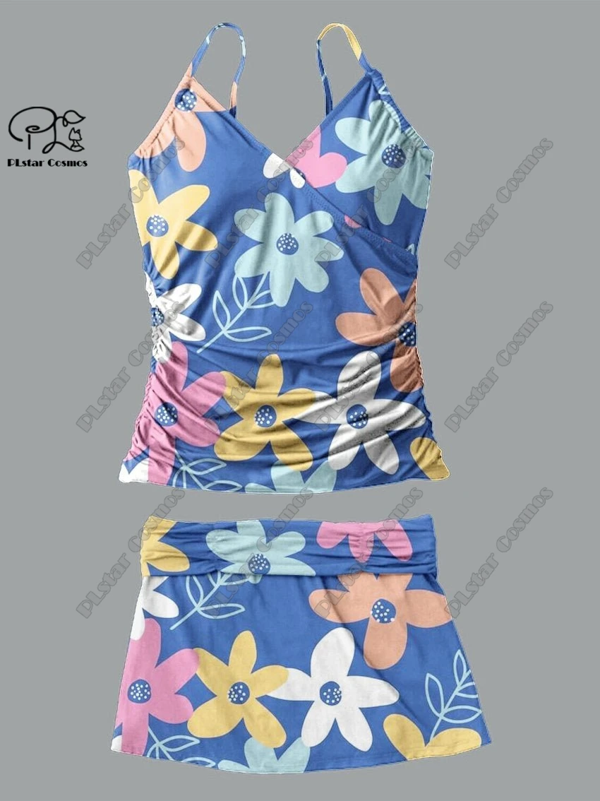 Minifalda con tirantes y estampado floral para mujer, traje de baño de dos piezas con cuello en V, para vacaciones y viajes, novedad de verano, Q-22