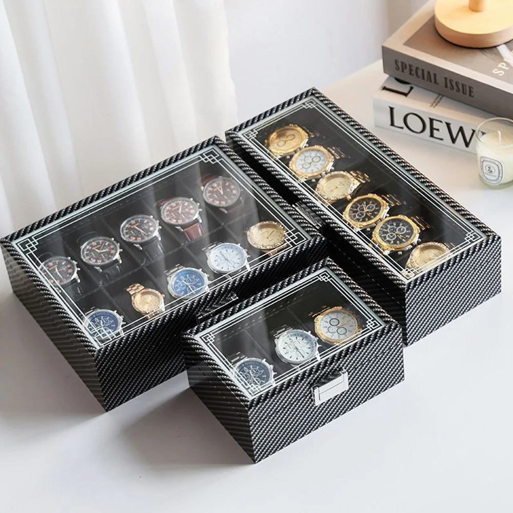 Premium Watch Display Case Carbon Fiber 6/10/12 Slots Dustproof Resistant Multifunctional Storage Box Gift for Men & Women