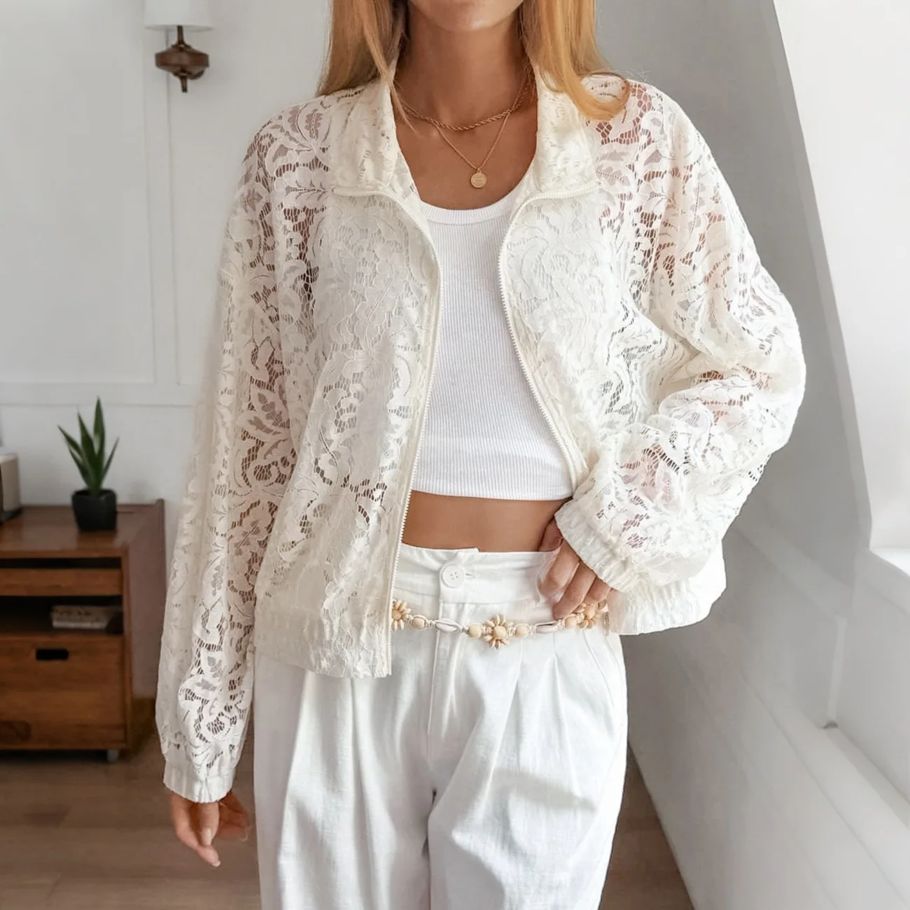 French-style Sheer Lace Patchwork Jacket With A Turn-down Necklace Hollowed-out Design, Sun-protective Cardigan. With Lantern Lo
