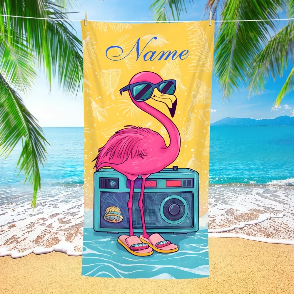 Custom Flamingo Beach Towel Personalized Name Sunglasses Radio 160x80cm Microfiber Bath Towels All Season Soft Absorbent Blanket