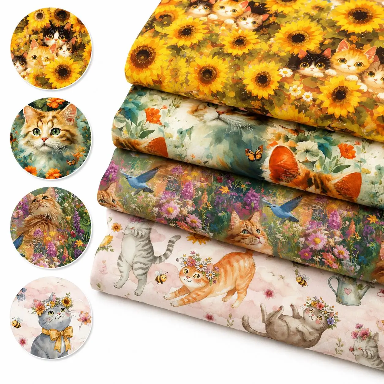 Pre-cut 4pcs/Set 7.87x7.87inch Cat Flower Fat Quarter Bundles 100% Polyester Craft Fabric Pre-Cut Squares Sheets