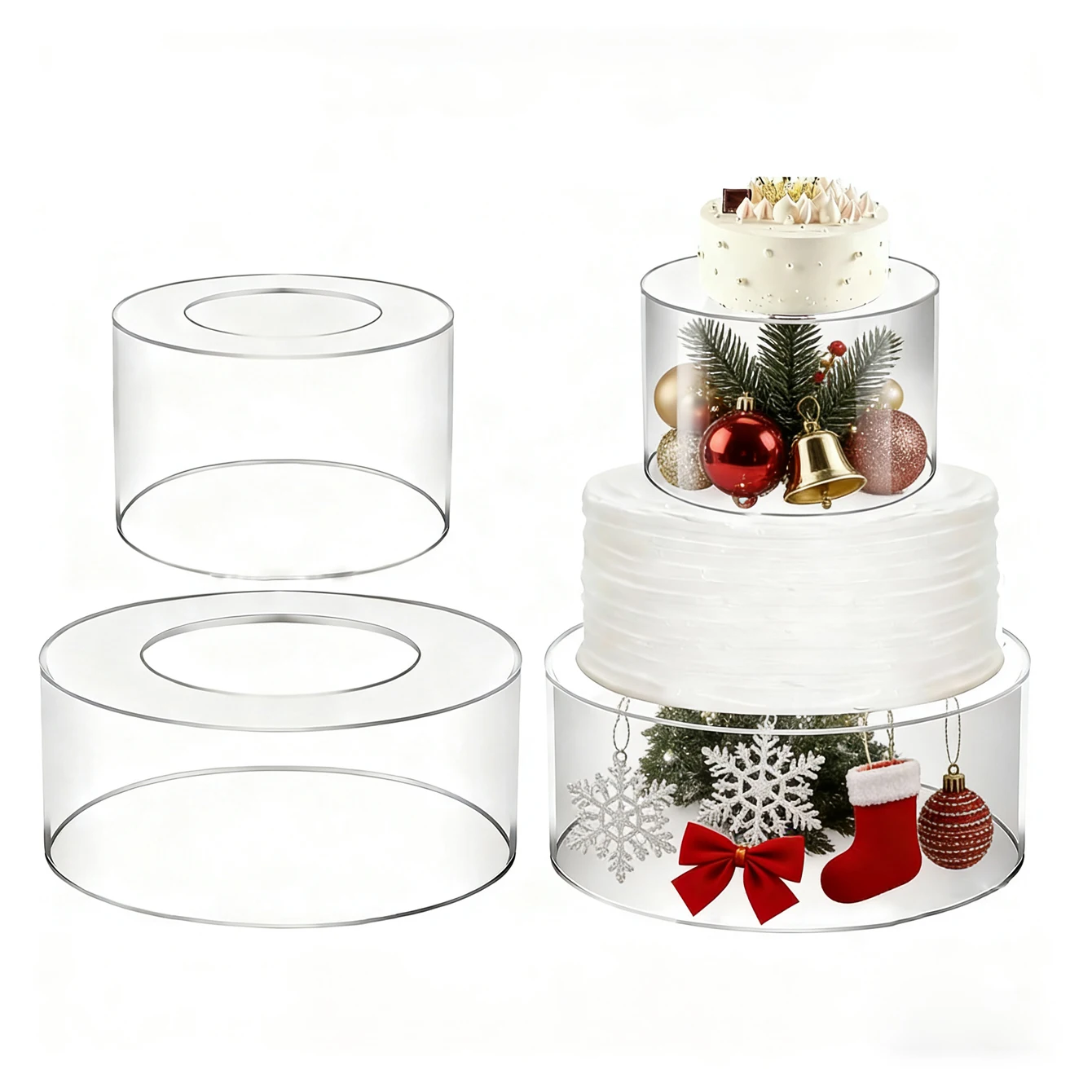 2 pieces of transparent acrylic cake stand with 15cm+20cm stackable center cake display box, desktop decoration base, cake displ