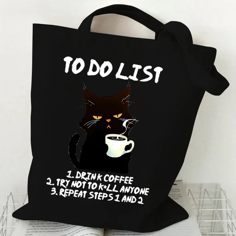 2024 Women\'s Shoulder Handbags Coffee Black Cats Print Large Capacity Shopping Bag Girls Canvas Tote Bag Reusable Foldable Bags