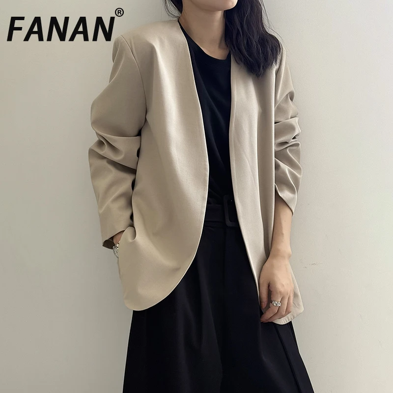 

FANAN Минимализм Кардиган Блейзеры для женщин Однотонные офисные женские куртки с v-образным вырезом и длинными рукавами Элегантные женские пальто 2023 Осень Новинка